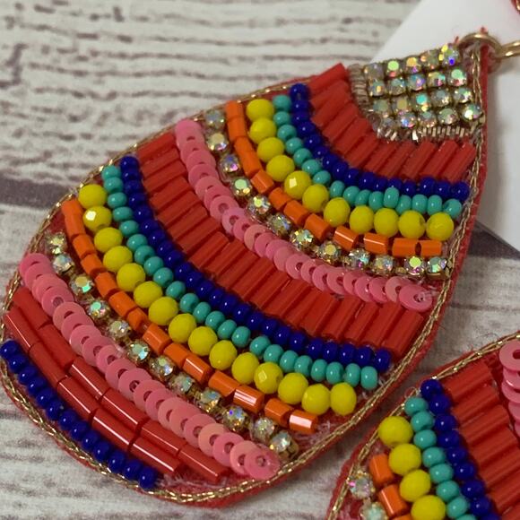 Natasha Multi-Color Beaded Dangle Earrings Striped Felt Back Post Push Back - Picture 12 of 16